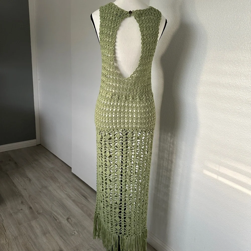Lulu's Endless Waves Sage Green Crochet Fringe Midi Swim Cover-Up - Picture 7 of 11